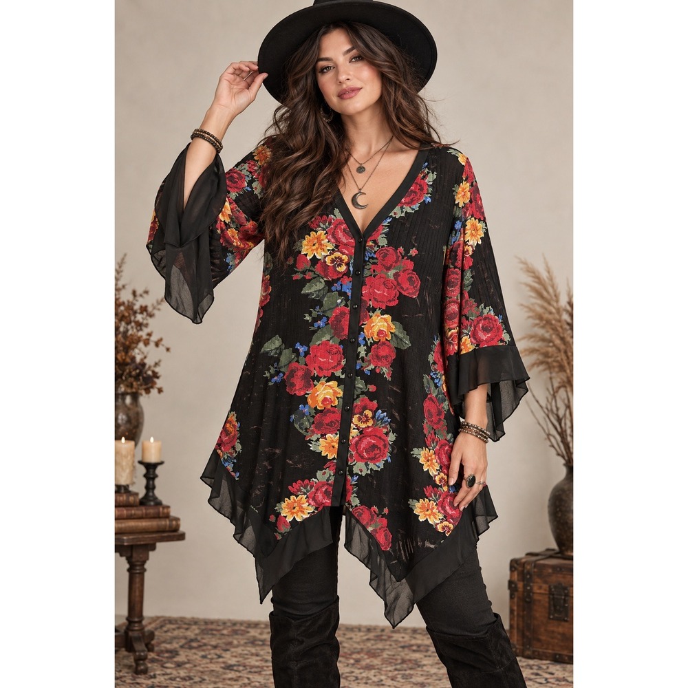 Whimsigoth Witchy Floral Burnout Tunic Black Boho Stevie Nicks XL
